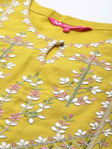 Varanga Women Yellow Yoke Design Kurta With Trousers And Dupatta Set